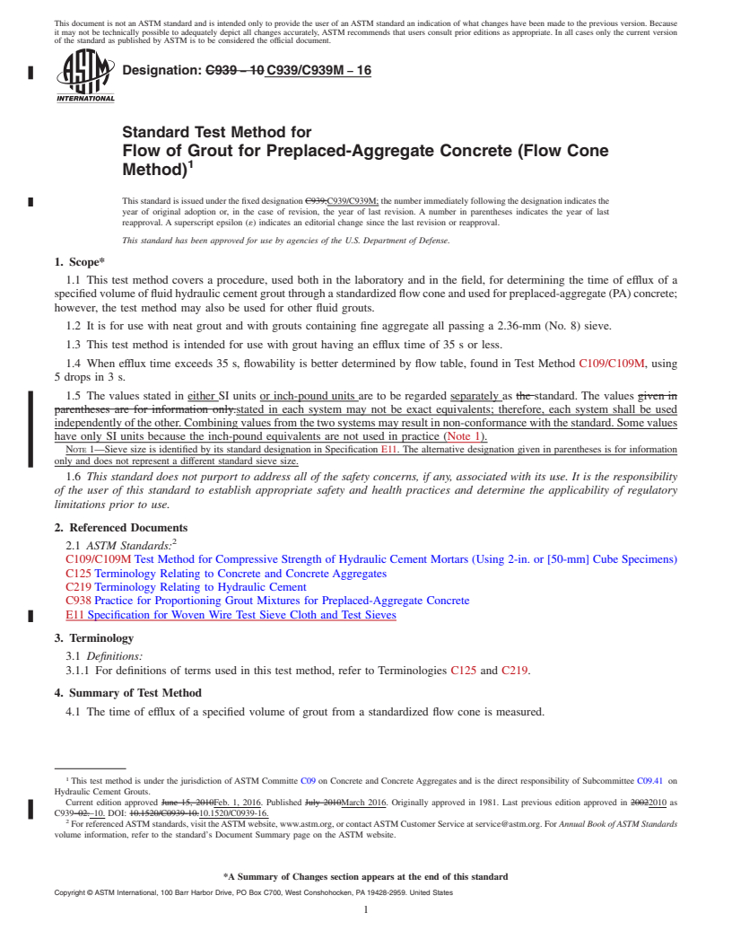 REDLINE ASTM C939/C939M-16 - Standard Test Method for  Flow of Grout for Preplaced-Aggregate Concrete (Flow Cone Method)