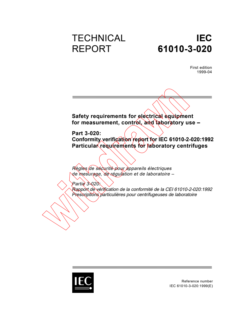 iec61010-3-020{ed1.0}en - IEC TR 61010-3-020:1999 - Safety requirements for electrical equipment for measurement, control, and laboratory use - Part 3-020: Conformity verification report for IEC 61010-2-020:1992 Particular requirements for laboratory centrifuges
Released:4/30/1999
Isbn:2831847702