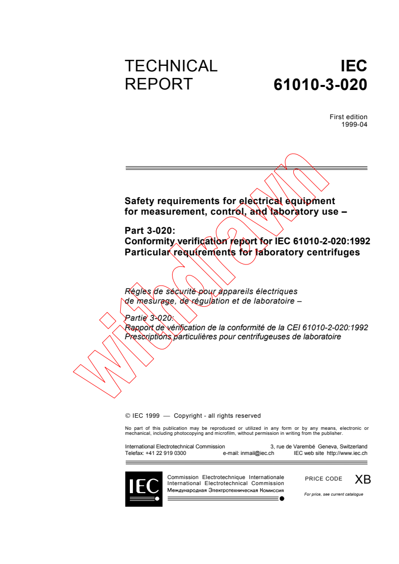 iec61010-3-020{ed1.0}en - IEC TR 61010-3-020:1999 - Safety requirements for electrical equipment for measurement, control, and laboratory use - Part 3-020: Conformity verification report for IEC 61010-2-020:1992 Particular requirements for laboratory centrifuges
Released:4/30/1999
Isbn:2831847702