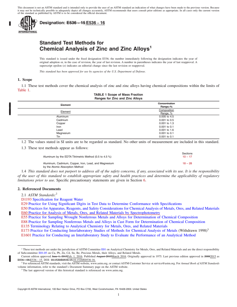 REDLINE ASTM E536-16 - Standard Test Methods for  Chemical Analysis of Zinc and Zinc Alloys