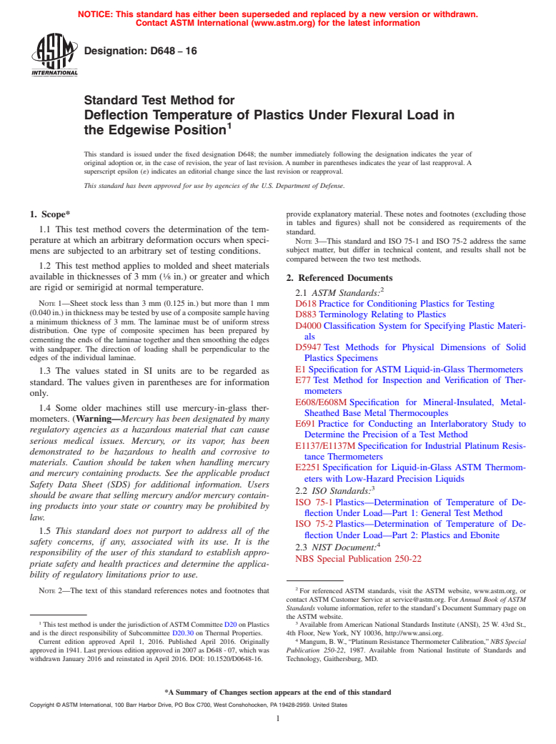 ASTM D648-16 - Standard Test Method for Deflection Temperature of Plastics Under Flexural Load in the  Edgewise Position