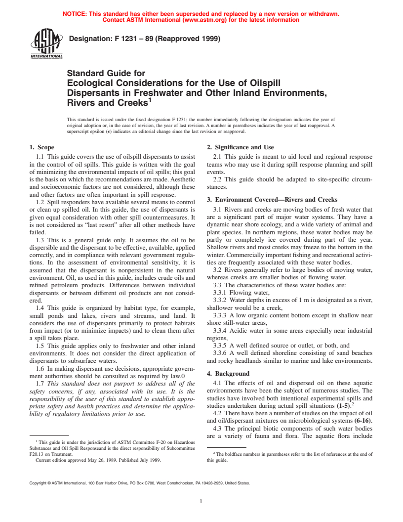 ASTM F1231-89(1999) - Standard Guide for Ecological Considerations for the Use of Oilspill Dispersants in Freshwater and Other Inland Environments, Rivers and Creeks