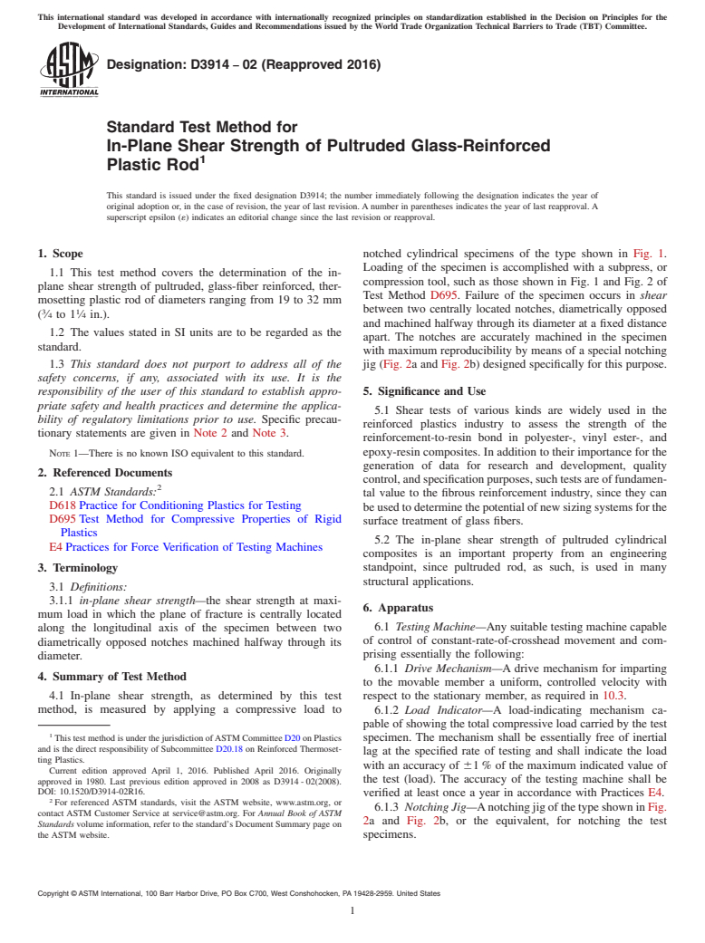 ASTM D3914-02(2016) - Standard Test Method for  In-Plane Shear Strength of Pultruded Glass-Reinforced Plastic  Rod