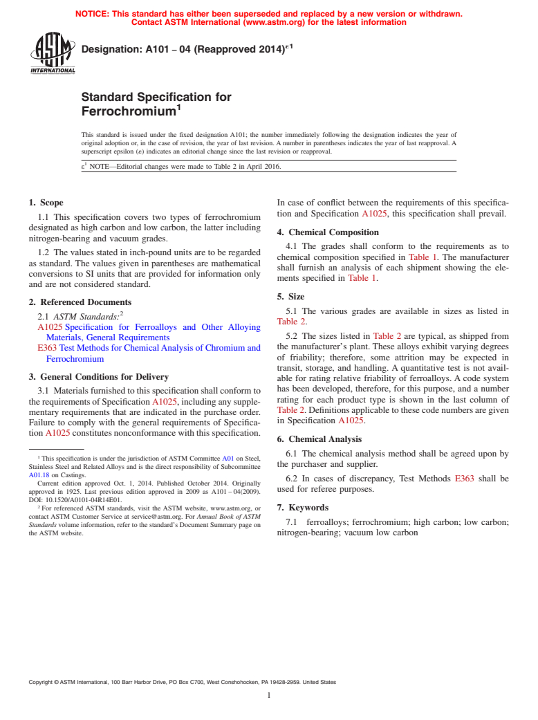 ASTM A101-04(2014)e1 - Standard Specification for  Ferrochromium