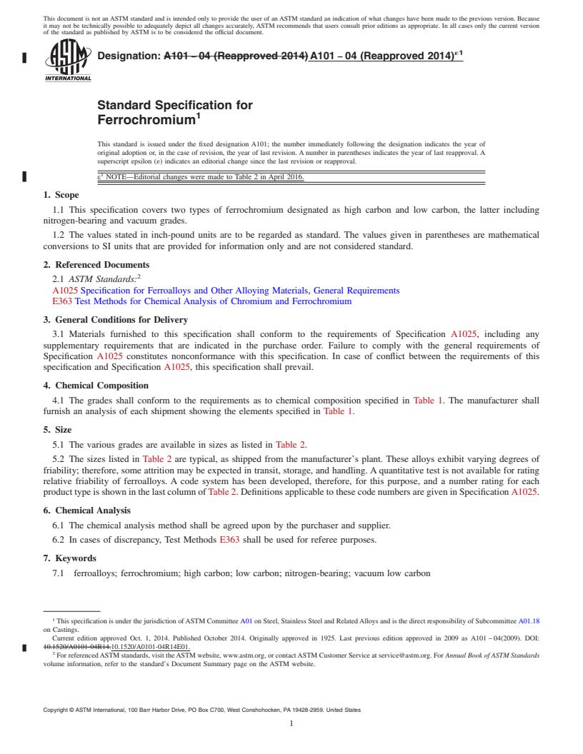 REDLINE ASTM A101-04(2014)e1 - Standard Specification for  Ferrochromium