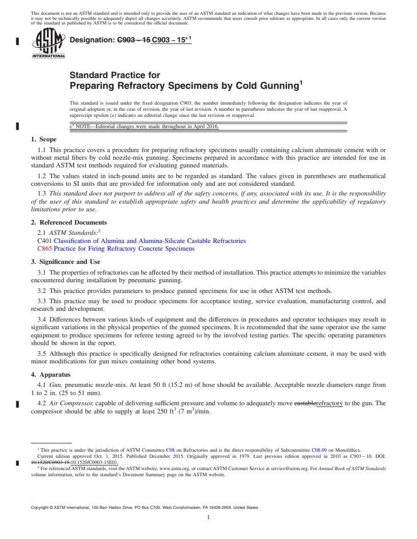 REDLINE ASTM C903-15e1 - Standard Practice for  Preparing Refractory Specimens by Cold Gunning