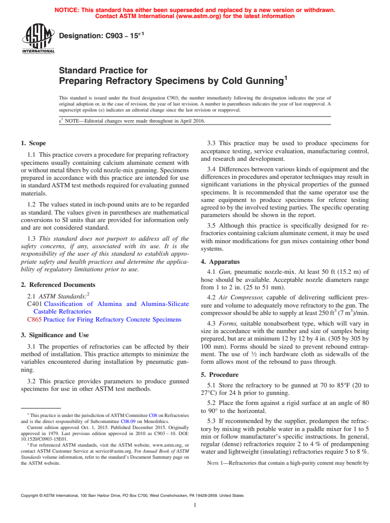 ASTM C903-15e1 - Standard Practice for  Preparing Refractory Specimens by Cold Gunning