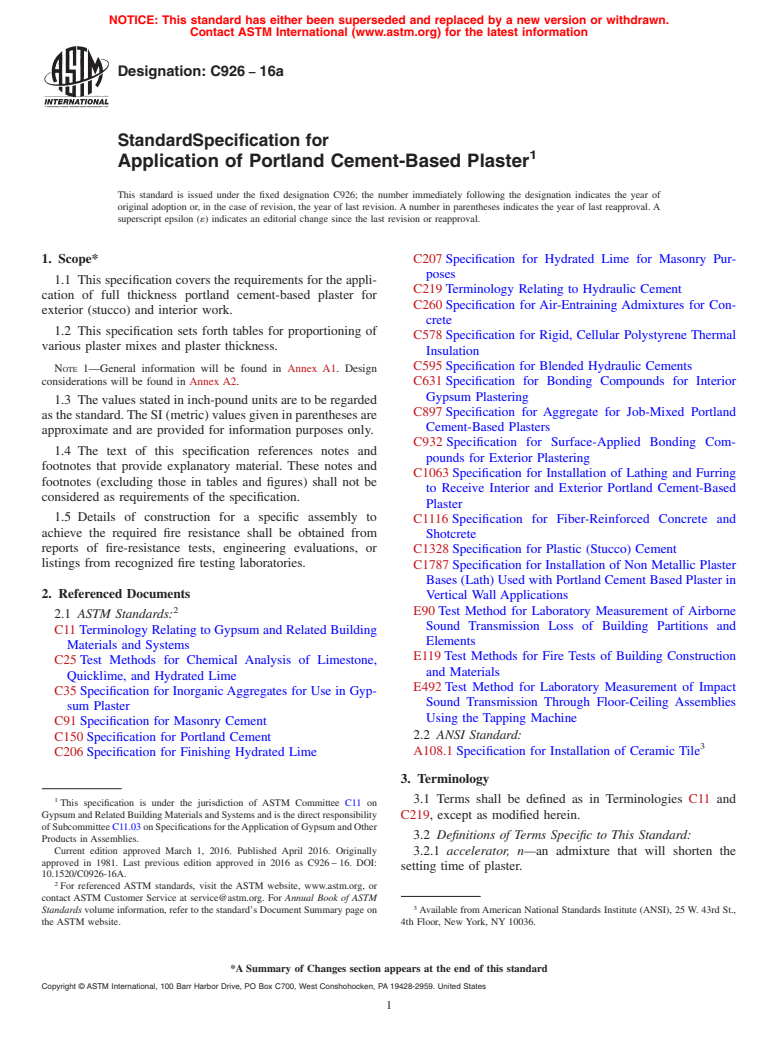 ASTM C926-16a - Standard Specification for  Application of Portland Cement-Based Plaster