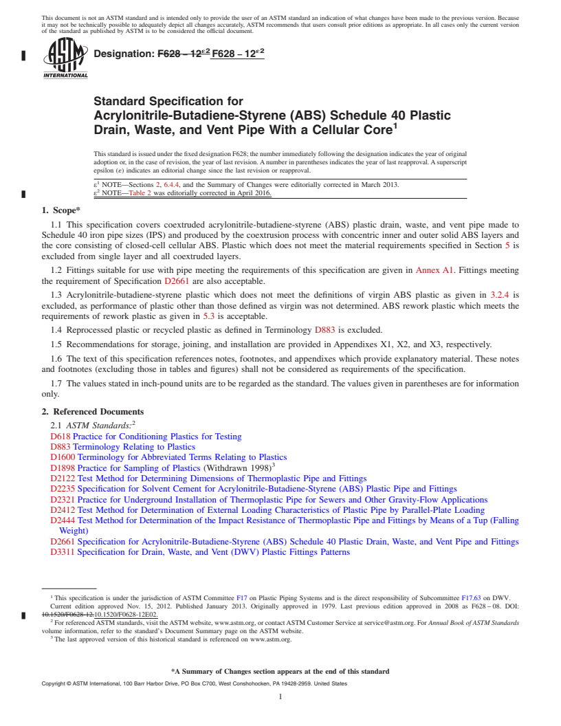 REDLINE ASTM F628-12e2 - Standard Specification for  Acrylonitrile-Butadiene-Styrene (ABS) Schedule 40 Plastic Drain,  Waste, and Vent Pipe With a Cellular Core