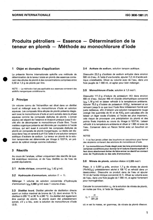 ISO 3830:1981 - Produits pétroliers -- Essence -- Détermination de la teneur en plomb -- Méthode au monochlorure d'iode