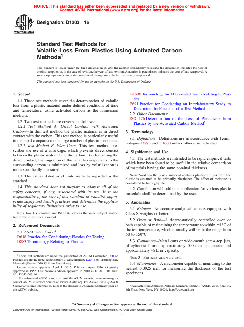 ASTM D1203-16 - Standard Test Methods for  Volatile Loss From Plastics Using Activated Carbon Methods