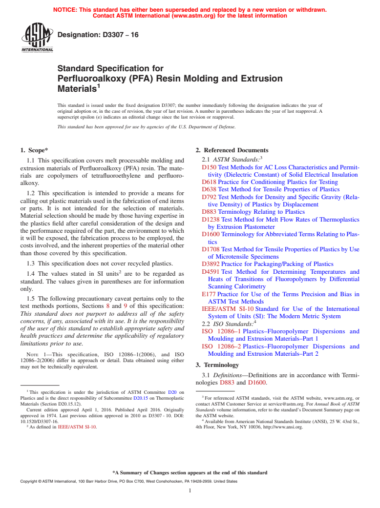 ASTM D3307-16 - Standard Specification for  Perfluoroalkoxy (PFA) Resin Molding and Extrusion Materials