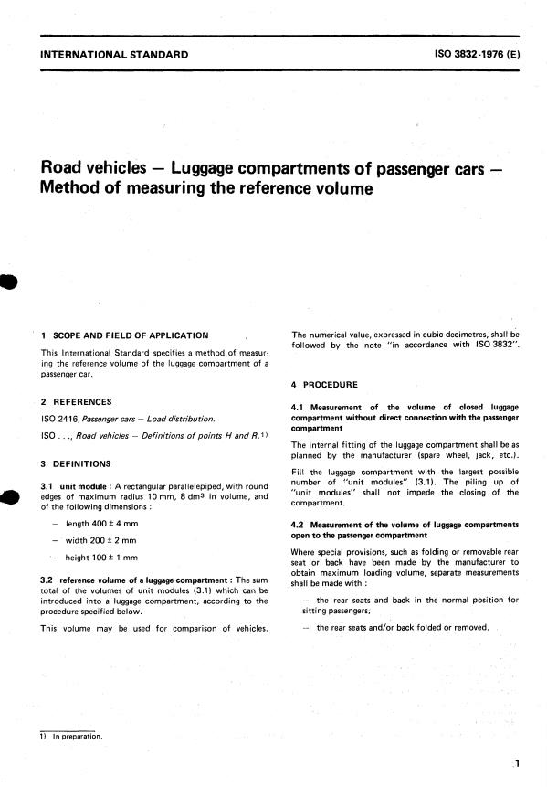 ISO 3832:1976 - Road vehicles -- Luggage compartments of passenger cars -- Method of measuring the reference volume