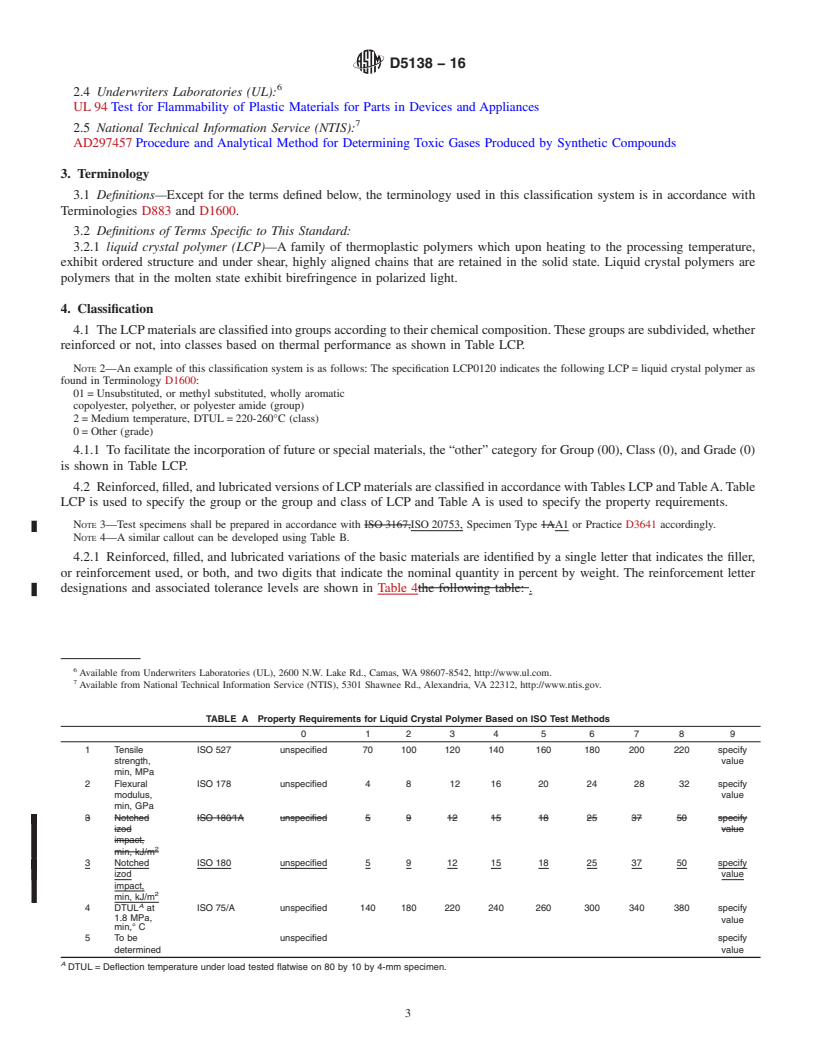 REDLINE ASTM D5138-16 - Standard Classification System and Basis for Specification for  Liquid Crystal Polymers Molding and Extrusion Materials (LCP)