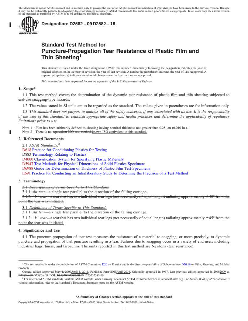 REDLINE ASTM D2582-16 - Standard Test Method for Puncture-Propagation Tear Resistance of Plastic Film and Thin  Sheeting