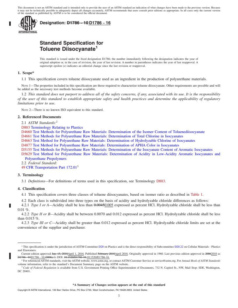 REDLINE ASTM D1786-16 - Standard Specification for Toluene Diisocyanate