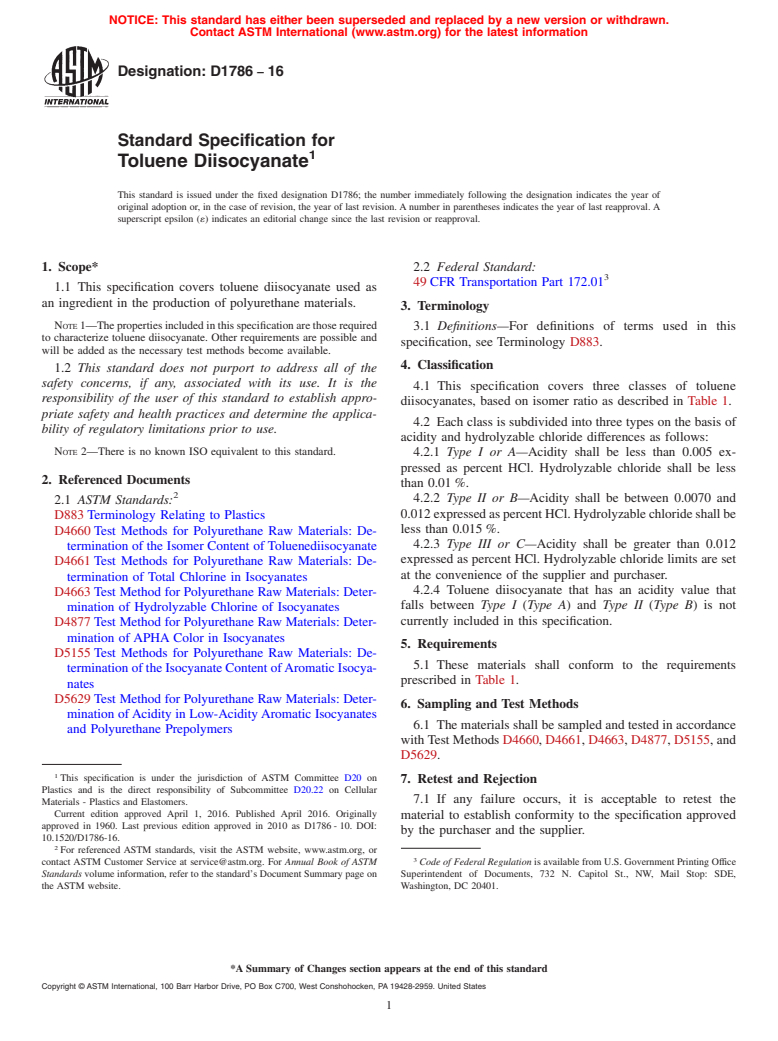 ASTM D1786-16 - Standard Specification for Toluene Diisocyanate