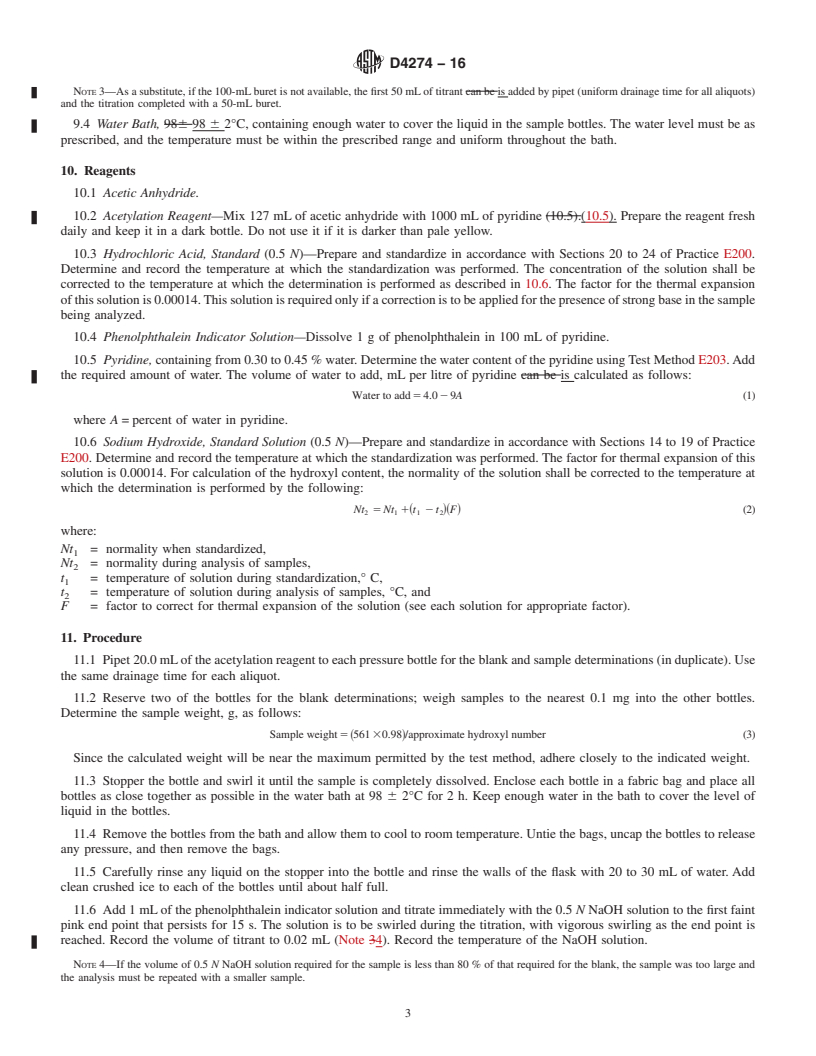 REDLINE ASTM D4274-16 - Standard Test Methods for Testing  Polyurethane Raw Materials: Determination of Hydroxyl Numbers  of Polyols