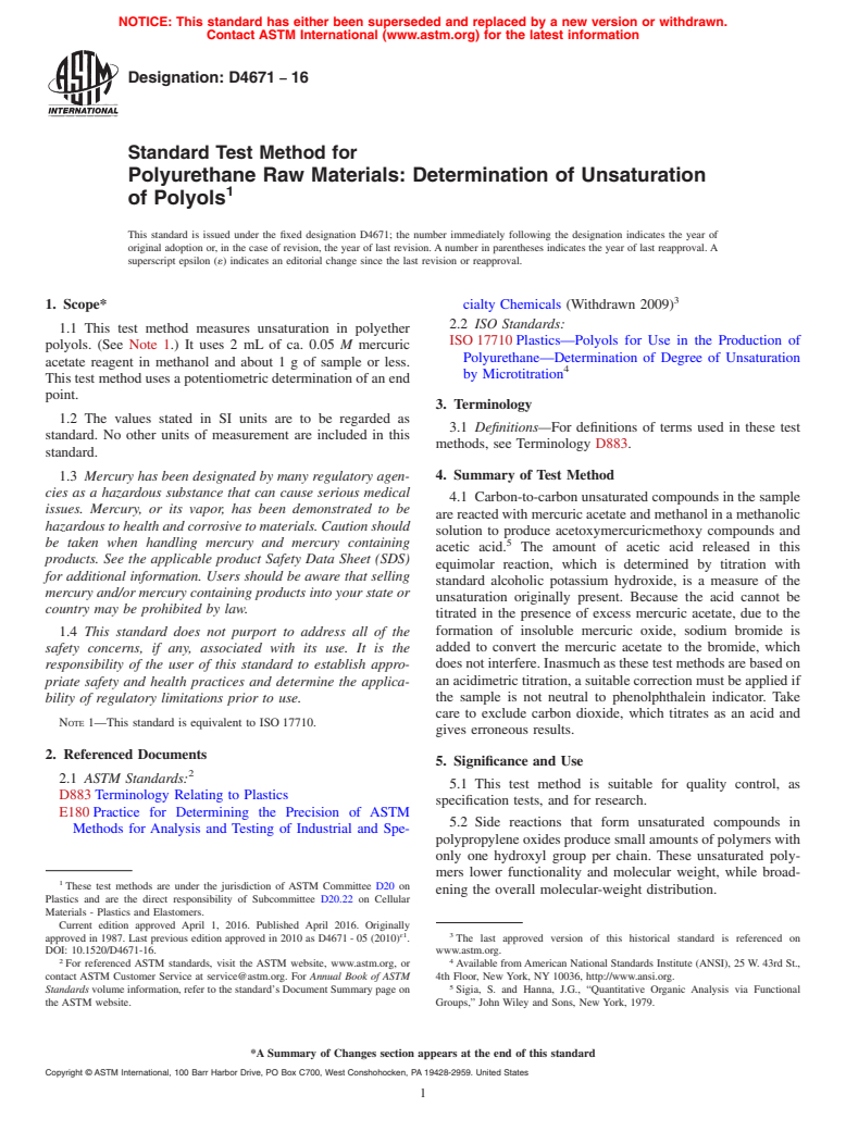 ASTM D4671-16 - Standard Test Method for Polyurethane Raw Materials: Determination of Unsaturation of  Polyols