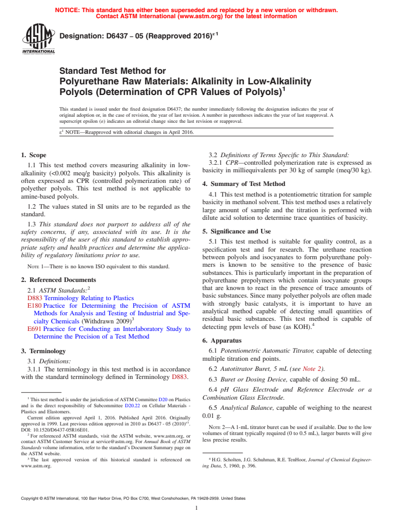 ASTM D6437-05(2016)e1 - Standard Test Method for  Polyurethane Raw Materials: Alkalinity in Low-Alkalinity Polyols  (Determination of CPR Values of Polyols)