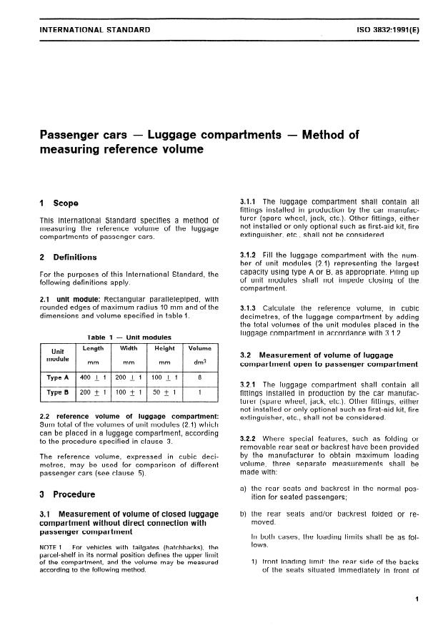 ISO 3832:1991 - Passenger cars -- Luggage compartments -- Method of measuring reference volume