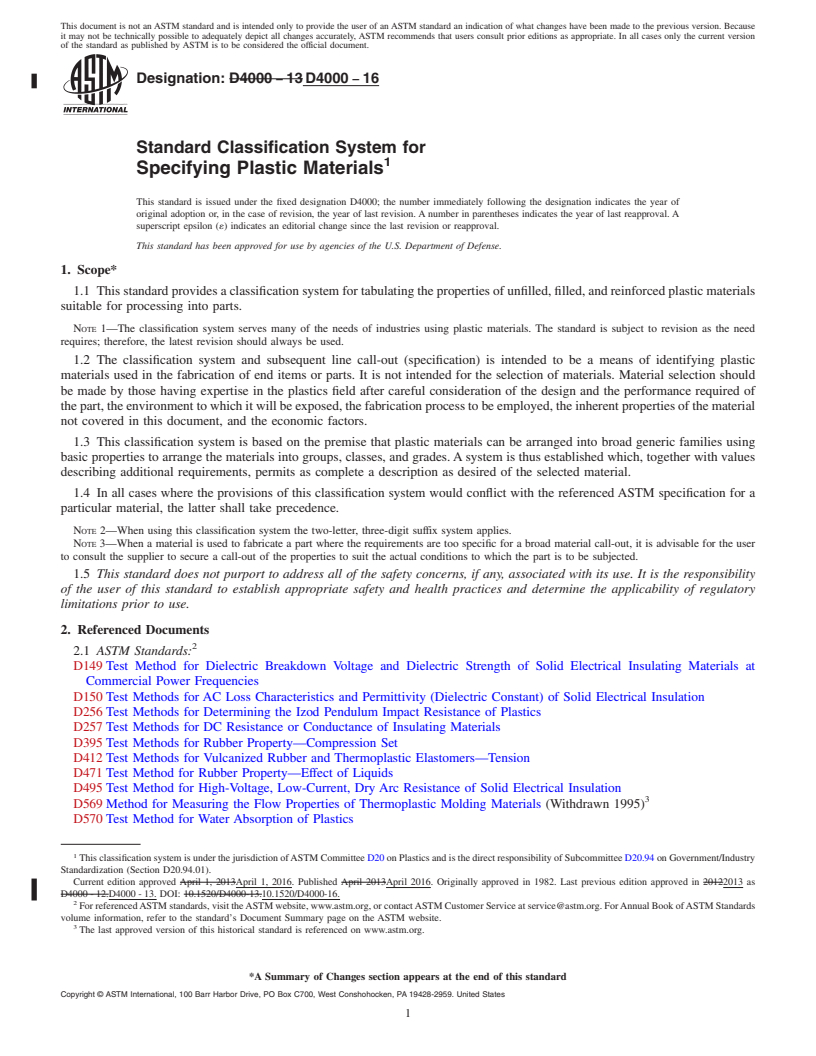 REDLINE ASTM D4000-16 - Standard Classification System for Specifying Plastic Materials