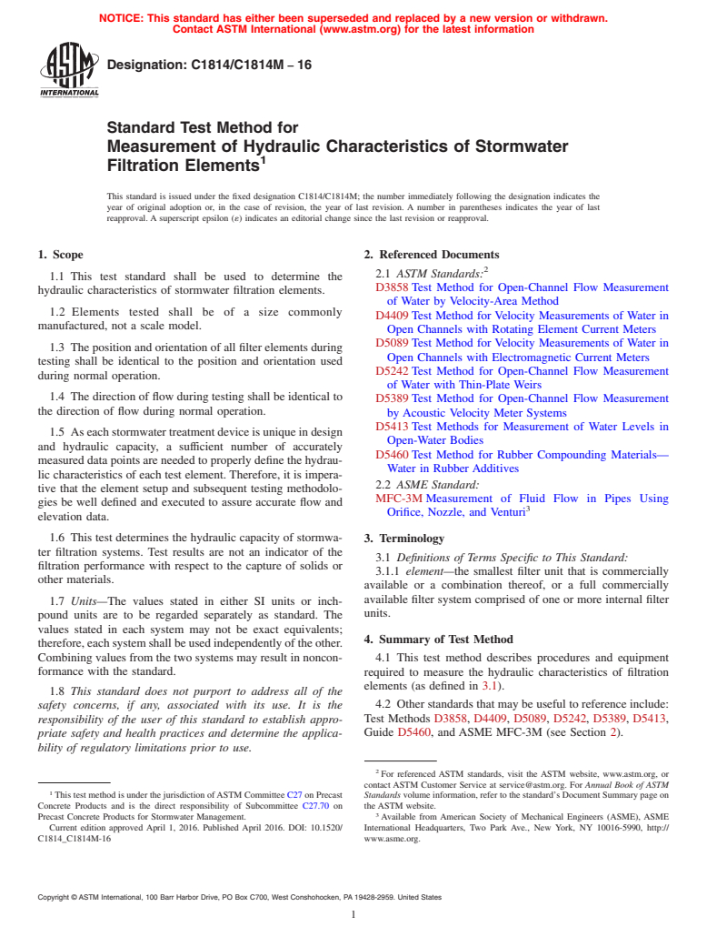 ASTM C1814/C1814M-16 - Standard Test Method for Measurement of Hydraulic Characteristics of Stormwater Filtration  Elements