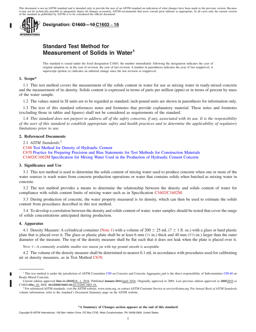 REDLINE ASTM C1603-16 - Standard Test Method for  Measurement of Solids in Water