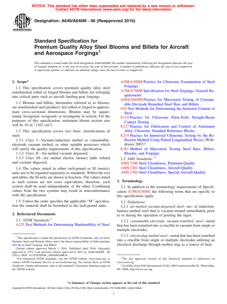 ASTM A646/A646M-06(2016) - Standard Specification for Premium Quality Alloy Steel Blooms and Billets for Aircraft  and Aerospace Forgings