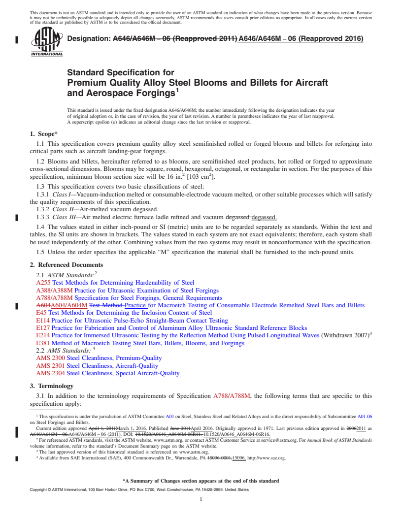 REDLINE ASTM A646/A646M-06(2016) - Standard Specification for Premium Quality Alloy Steel Blooms and Billets for Aircraft  and Aerospace Forgings