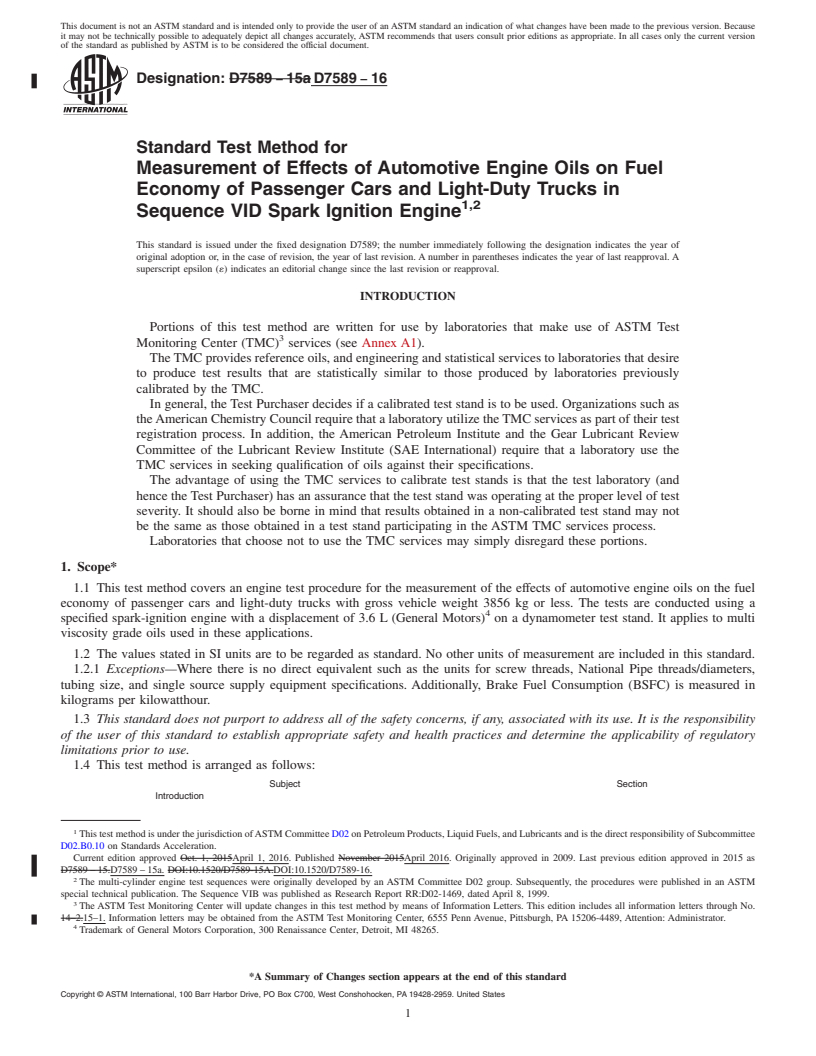 REDLINE ASTM D7589-16 - Standard Test Method for Measurement of Effects of Automotive Engine Oils on Fuel Economy  of Passenger Cars and Light-Duty Trucks in Sequence VID Spark Ignition  Engine<rangeref></rangeref  >