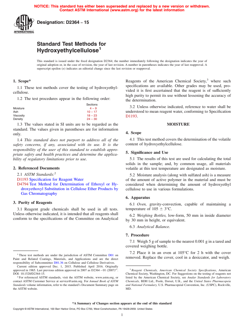 ASTM D2364-15 - Standard Test Methods for Hydroxyethylcellulose