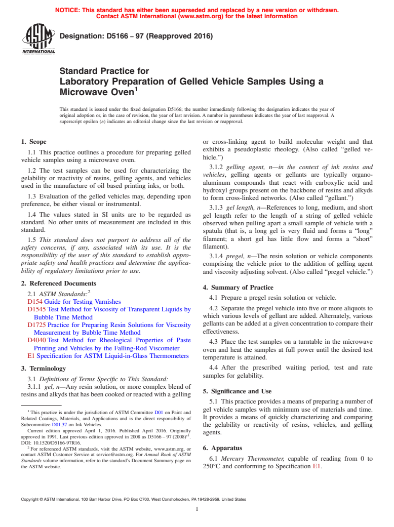 ASTM D5166-97(2016) - Standard Practice for Laboratory Preparation of Gelled Vehicle Samples Using a Microwave    Oven (Withdrawn 2022)