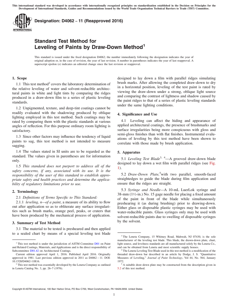 ASTM D4062-11(2016) - Standard Test Method for Leveling of Paints by Draw-Down Method