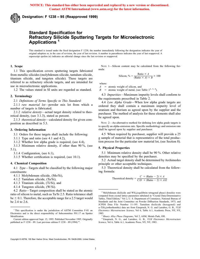 ASTM F1238-95(1999) - Standard Specification for Refractory Silicide Sputtering Targets for Microelectronic Applications