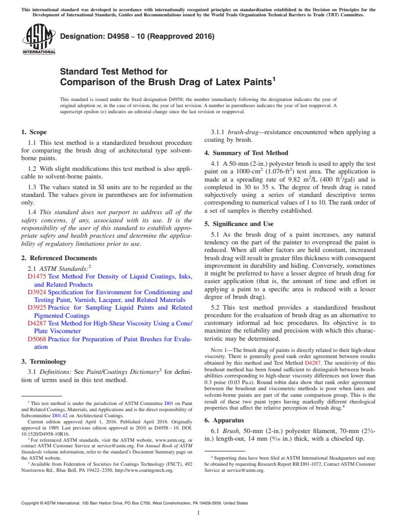 ASTM D4958-10(2016) - Standard Test Method for Comparison of the Brush Drag of Latex Paints