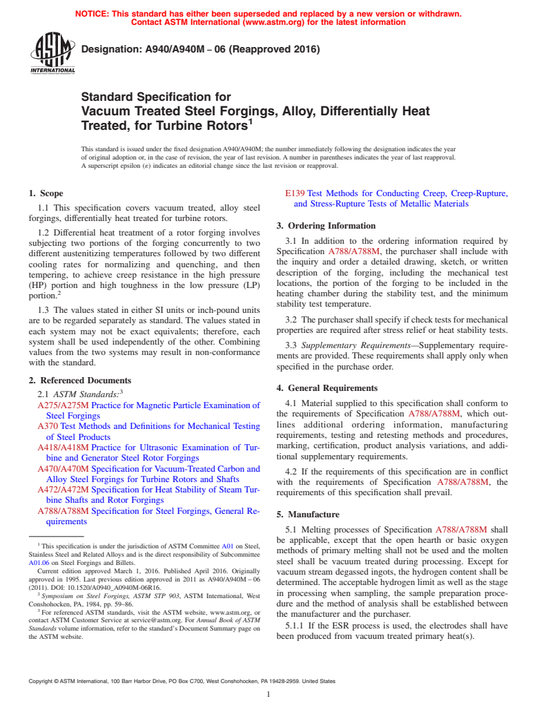 ASTM A940/A940M-06(2016) - Standard Specification for Vacuum Treated Steel Forgings, Alloy, Differentially Heat Treated,   for Turbine Rotors (Withdrawn 2017)