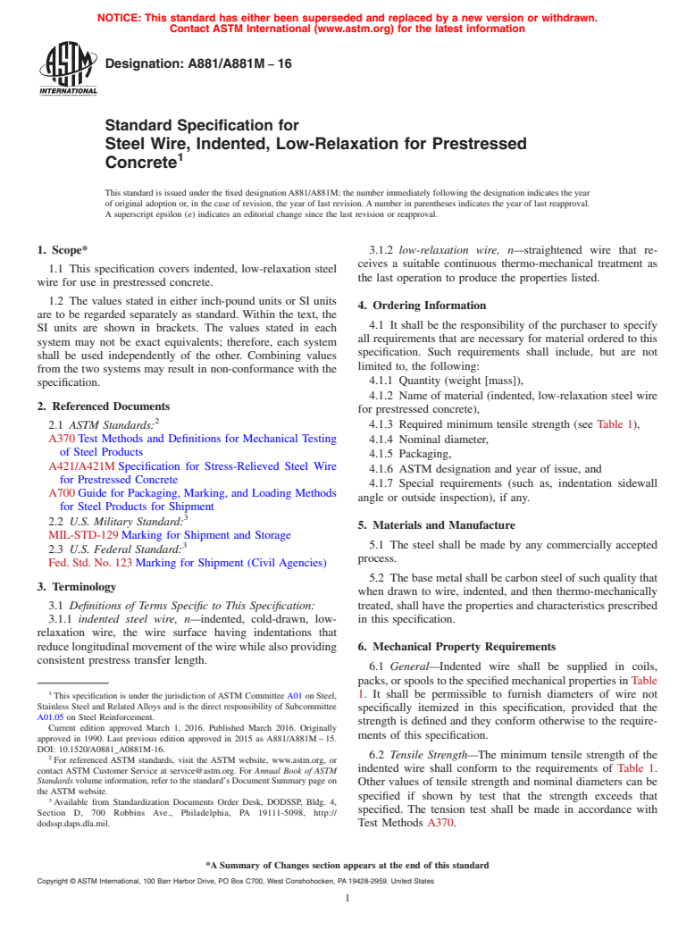 ASTM A881/A881M-16 - Standard Specification for  Steel Wire, Indented, Low-Relaxation for Prestressed Concrete