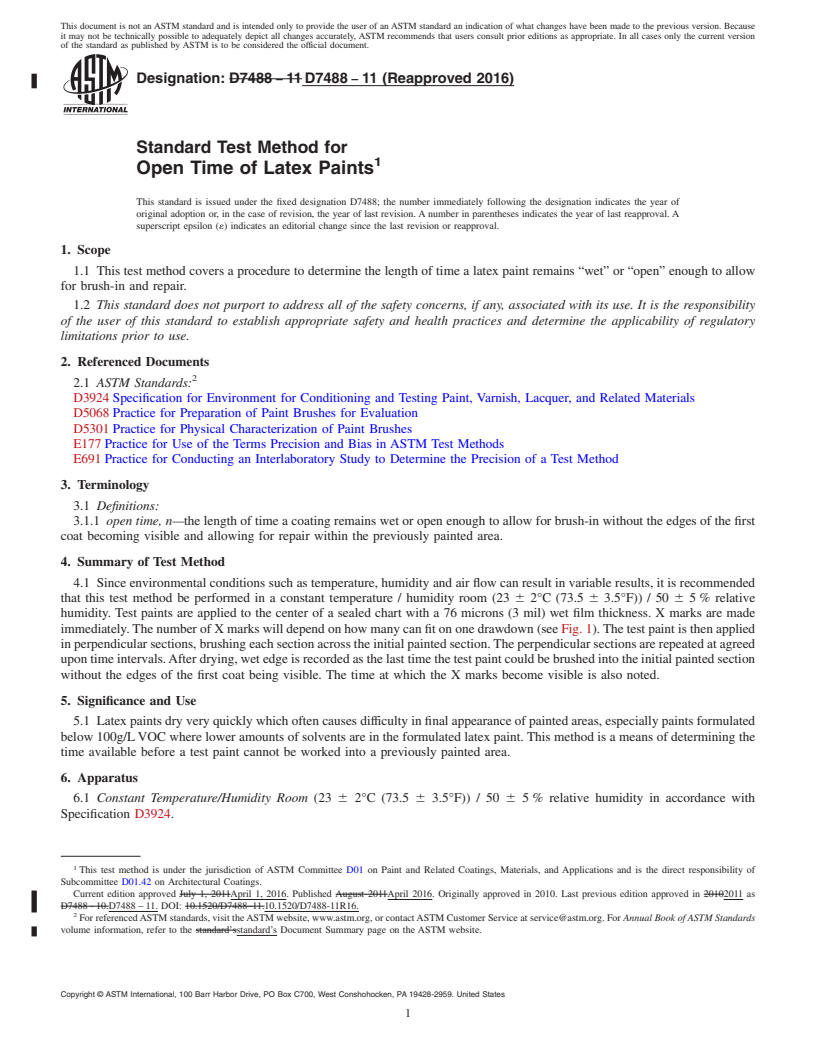 REDLINE ASTM D7488-11(2016) - Standard Test Method for Open Time of Latex Paints