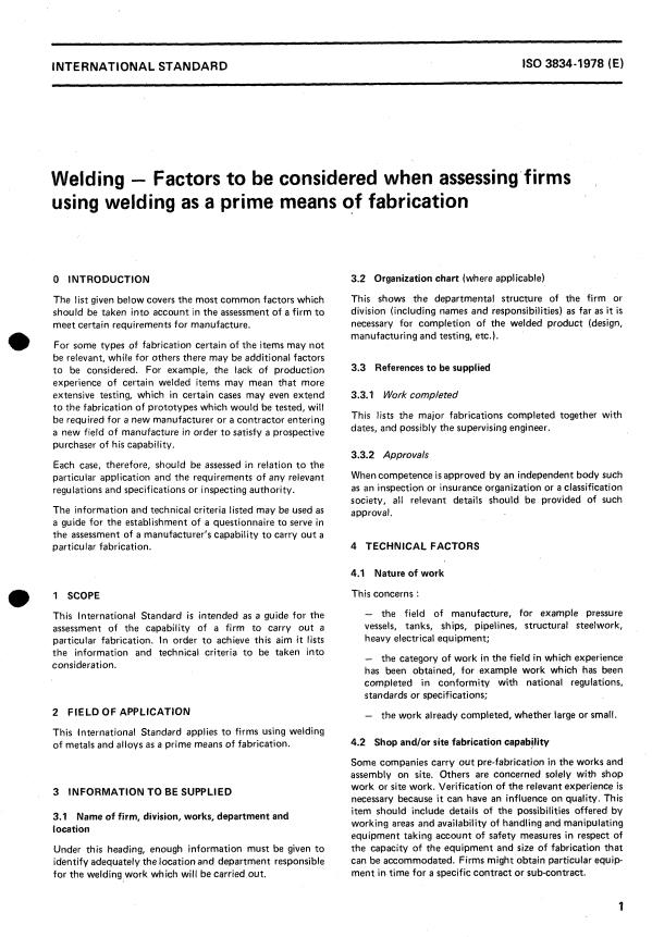 ISO 3834:1978 - Welding -- Factors to be considered when assessing firms using welding as a prime means of fabrication