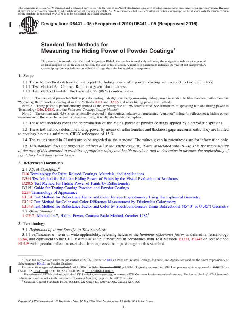 REDLINE ASTM D6441-05(2016) - Standard Test Methods for Measuring the Hiding Power of Powder Coatings