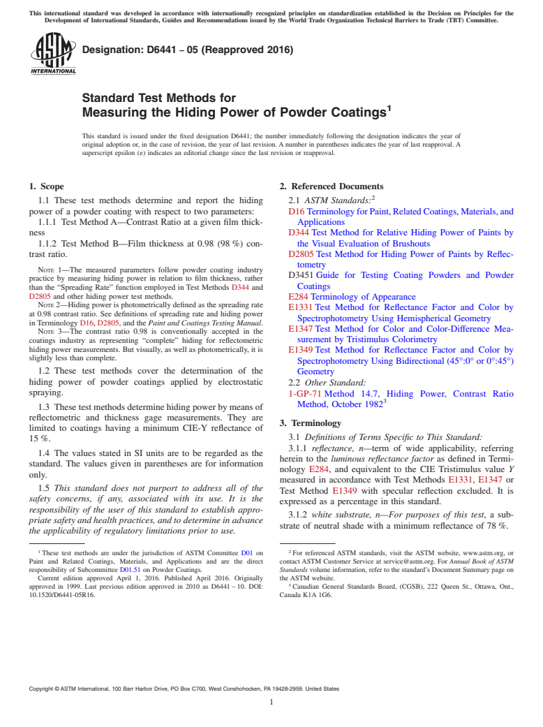 ASTM D6441-05(2016) - Standard Test Methods for Measuring the Hiding Power of Powder Coatings