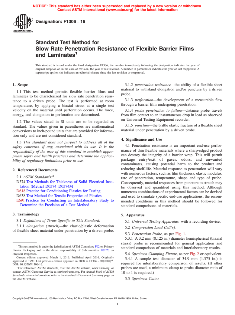 ASTM F1306-16 - Standard Test Method for  Slow Rate Penetration Resistance of Flexible Barrier Films  and Laminates