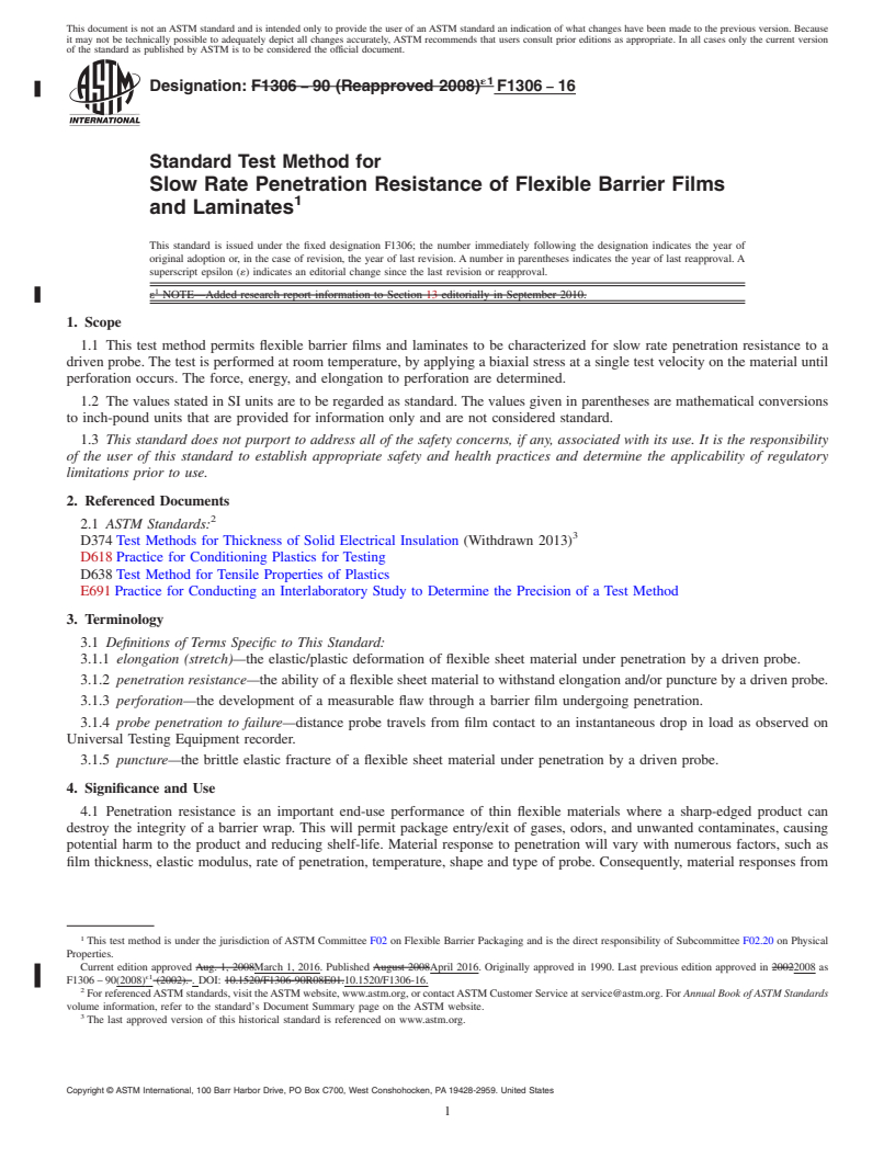 REDLINE ASTM F1306-16 - Standard Test Method for  Slow Rate Penetration Resistance of Flexible Barrier Films  and Laminates