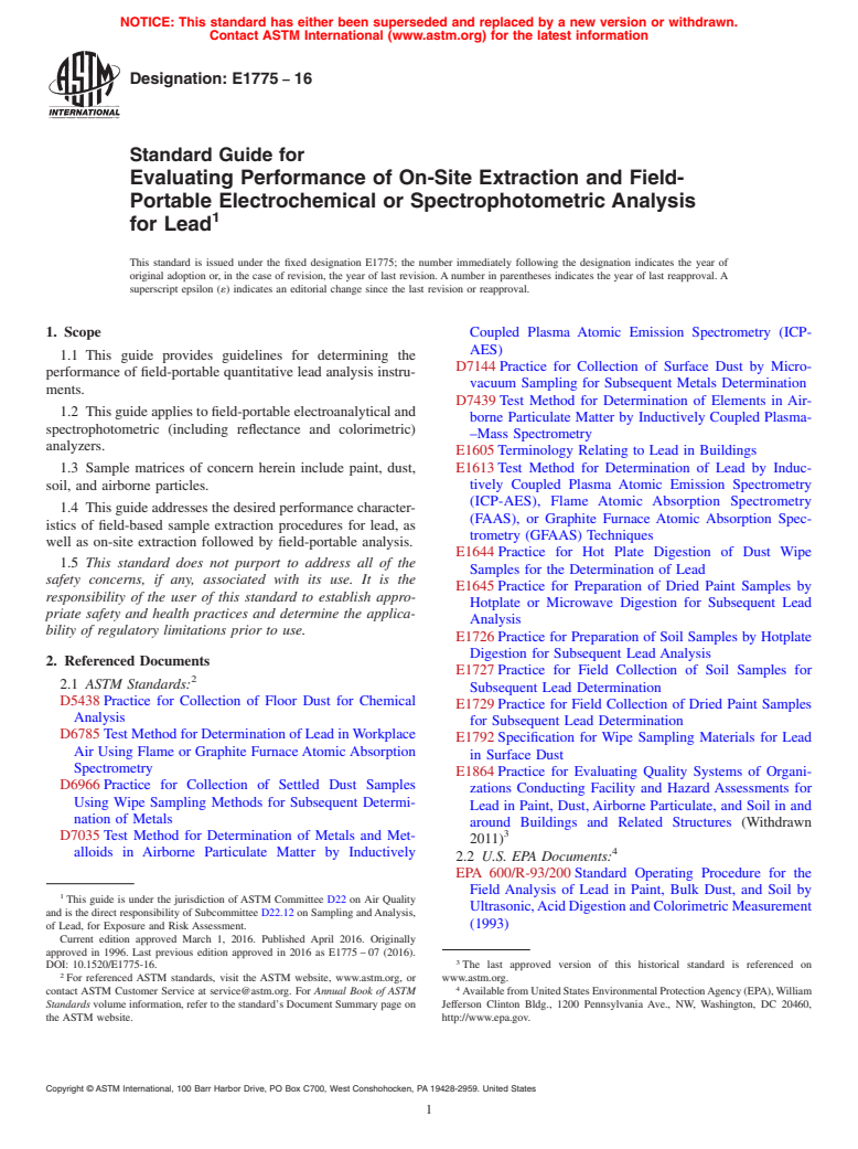 ASTM E1775-16 - Standard Guide for Evaluating Performance of On-Site Extraction and Field-Portable  Electrochemical or Spectrophotometric Analysis for Lead