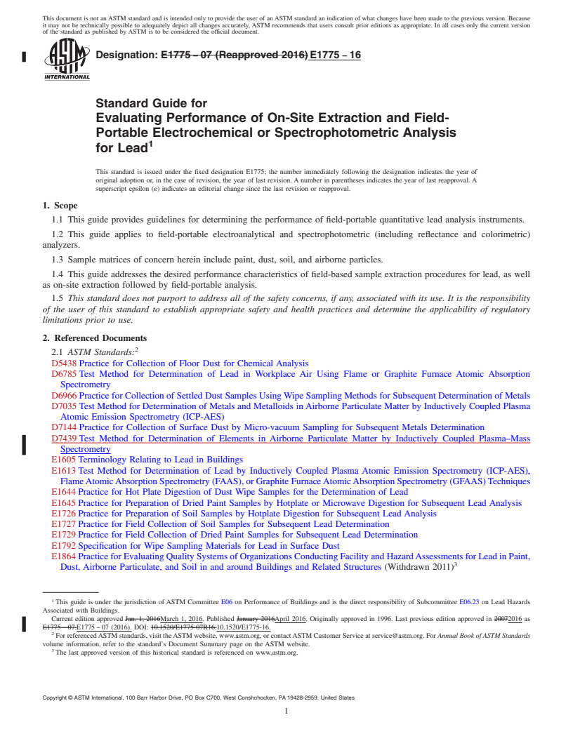 REDLINE ASTM E1775-16 - Standard Guide for Evaluating Performance of On-Site Extraction and Field-Portable  Electrochemical or Spectrophotometric Analysis for Lead