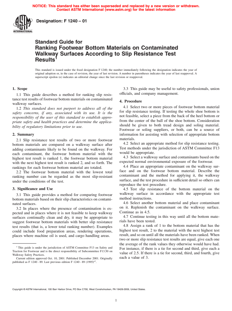 ASTM F1240-01 - Standard Guide for Ranking Footwear Bottom Materials on Contaminated Walkway Surfaces According to Slip Resistance Test Results