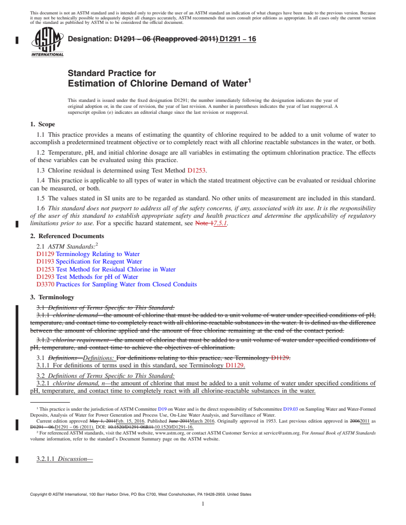 REDLINE ASTM D1291-16 - Standard Practice for  Estimation of Chlorine Demand of Water