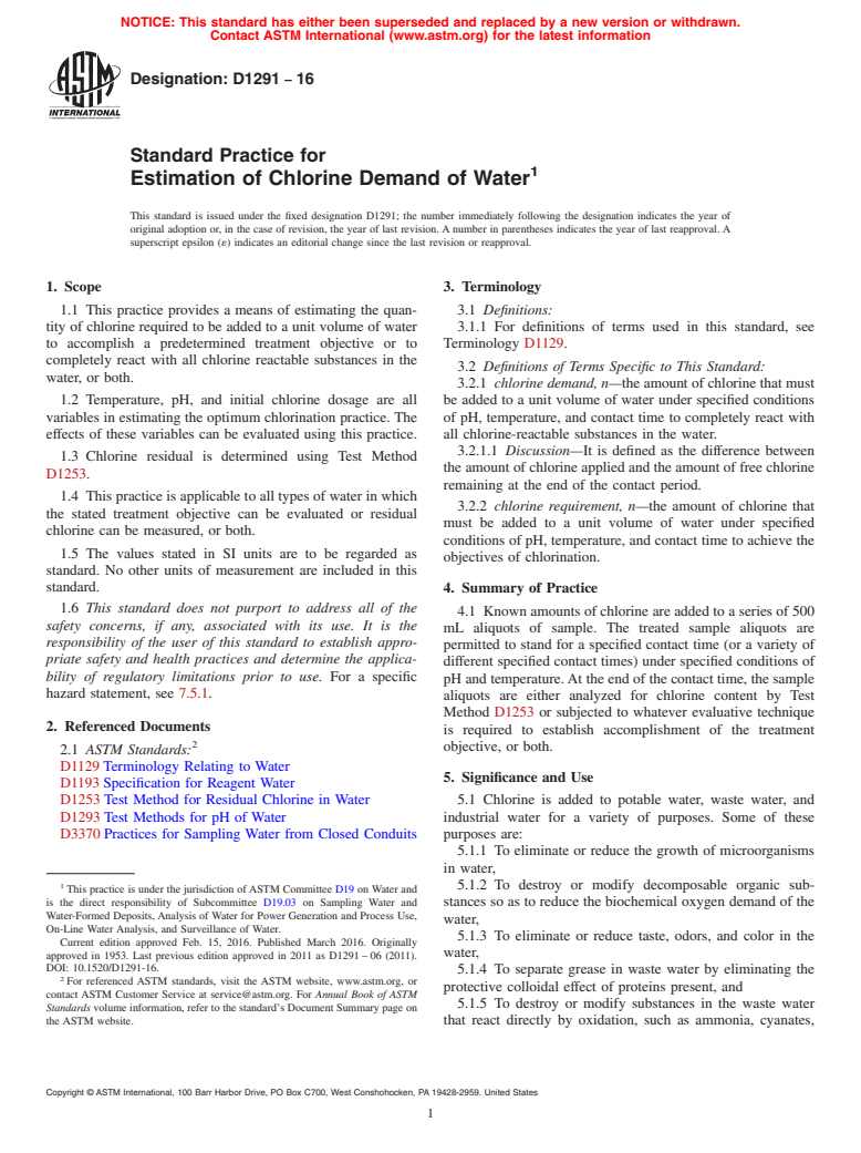 ASTM D1291-16 - Standard Practice for  Estimation of Chlorine Demand of Water