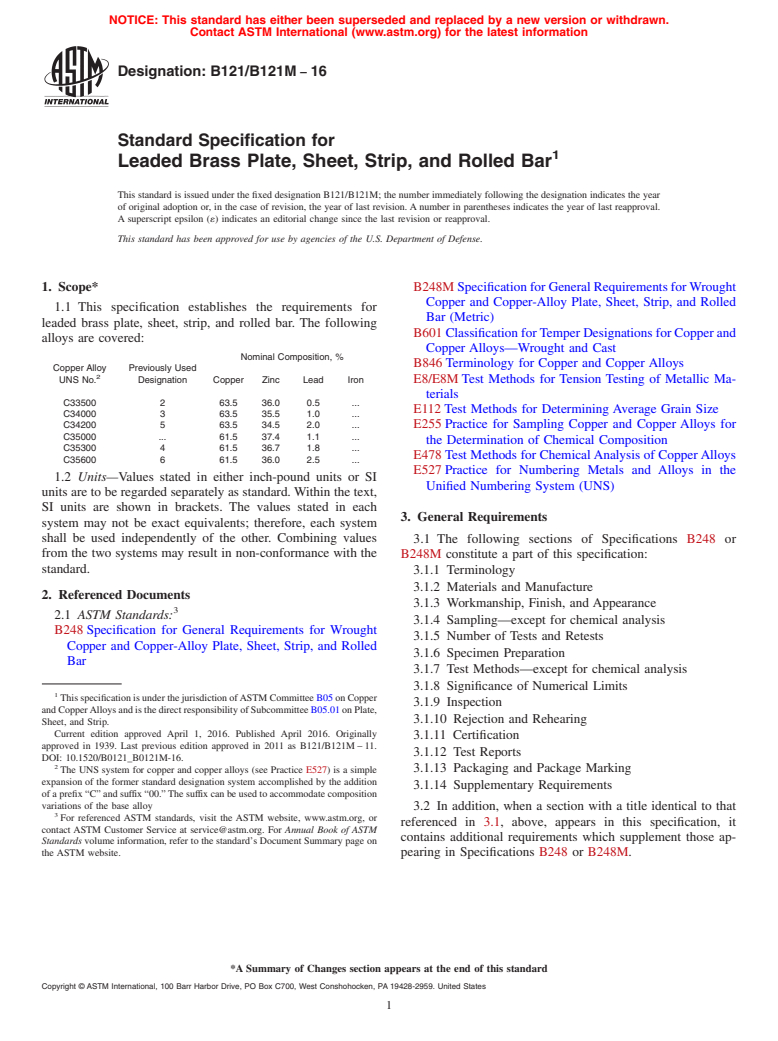 ASTM B121/B121M-16 - Standard Specification for Leaded Brass Plate, Sheet, Strip, and Rolled Bar